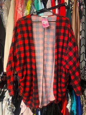 Perfect Peach Red & Black Plaid Open Cardigan